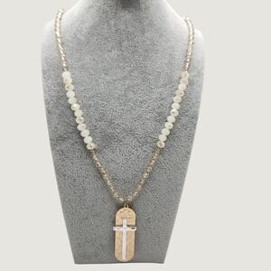 Boho Faceted Glass Beaded Cross Necklace Hammered Pendant Christian Religious